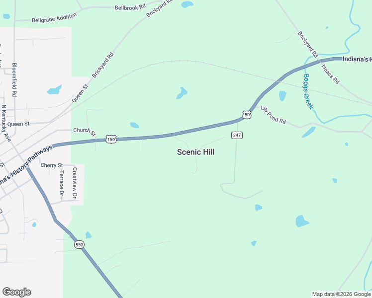 map of restaurants, bars, coffee shops, grocery stores, and more near 1590 Scenic Hill Road in Loogootee