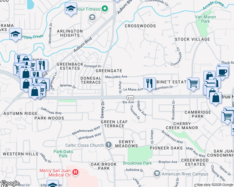 map of restaurants, bars, coffee shops, grocery stores, and more near 6209 Paris Street in Citrus Heights
