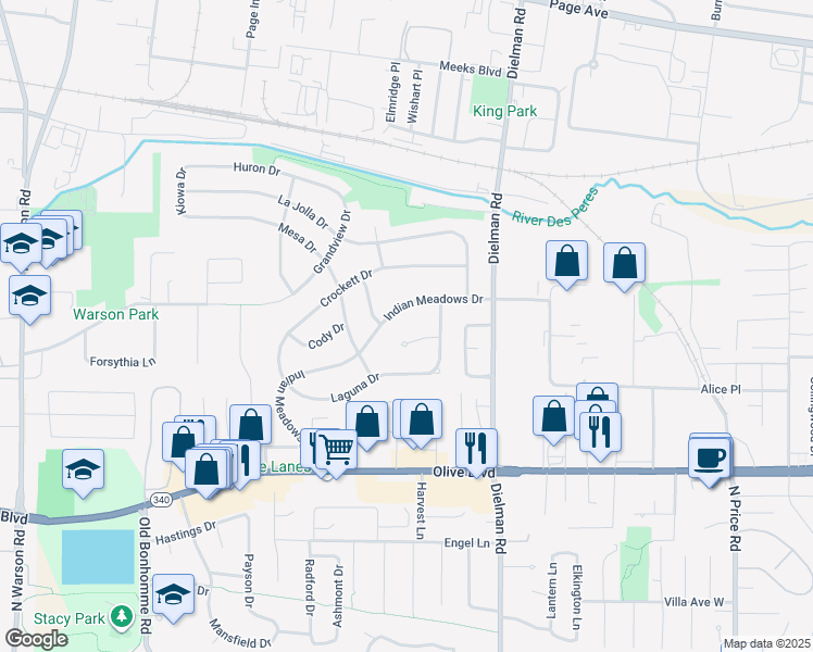 map of restaurants, bars, coffee shops, grocery stores, and more near in Olivette