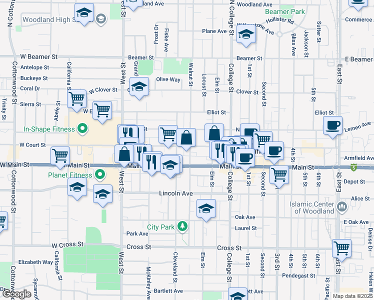 map of restaurants, bars, coffee shops, grocery stores, and more near 211 Court Street in Woodland