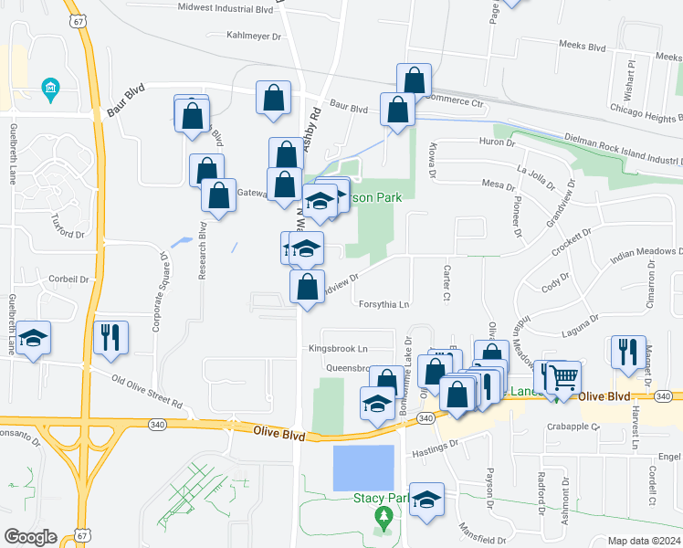 map of restaurants, bars, coffee shops, grocery stores, and more near 9749 Grandview Drive in Olivette