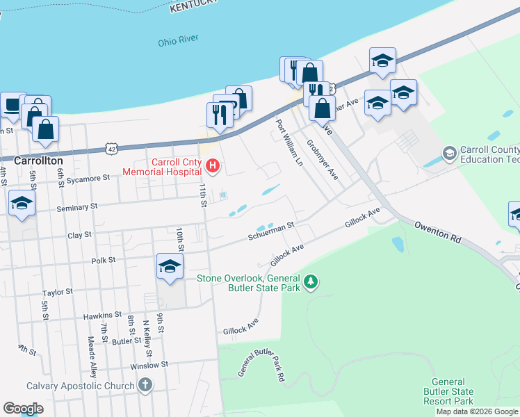 map of restaurants, bars, coffee shops, grocery stores, and more near 1214 Seminary Street in Carrollton