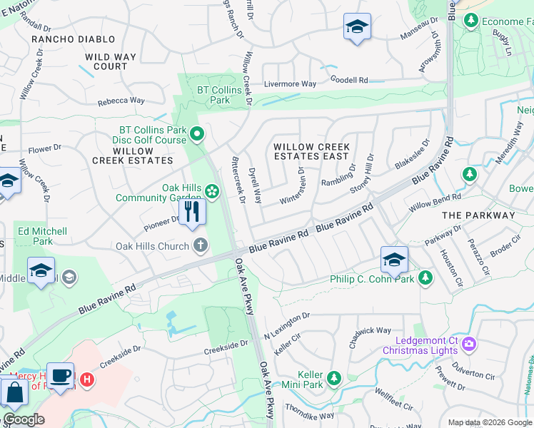 map of restaurants, bars, coffee shops, grocery stores, and more near 103 Dyrell Way in Folsom