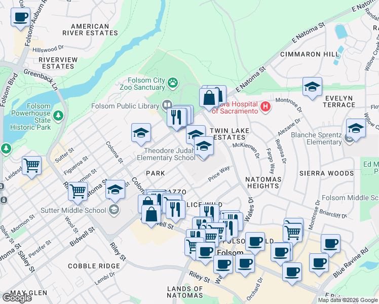 map of restaurants, bars, coffee shops, grocery stores, and more near 98 Dean Way in Folsom
