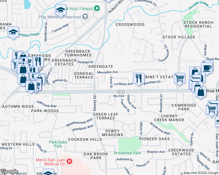 map of restaurants, bars, coffee shops, grocery stores, and more near 6209 Paris Street in Citrus Heights