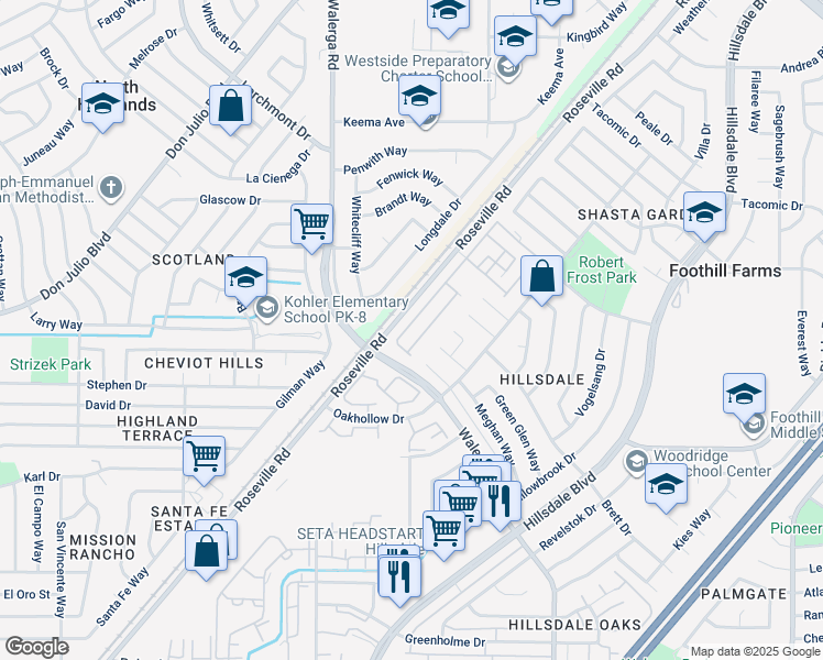 map of restaurants, bars, coffee shops, grocery stores, and more near 6245 Stagecoach Drive in Sacramento