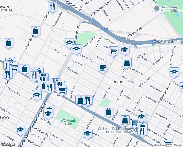 map of restaurants, bars, coffee shops, grocery stores, and more near 4860 Lee Avenue in St. Louis