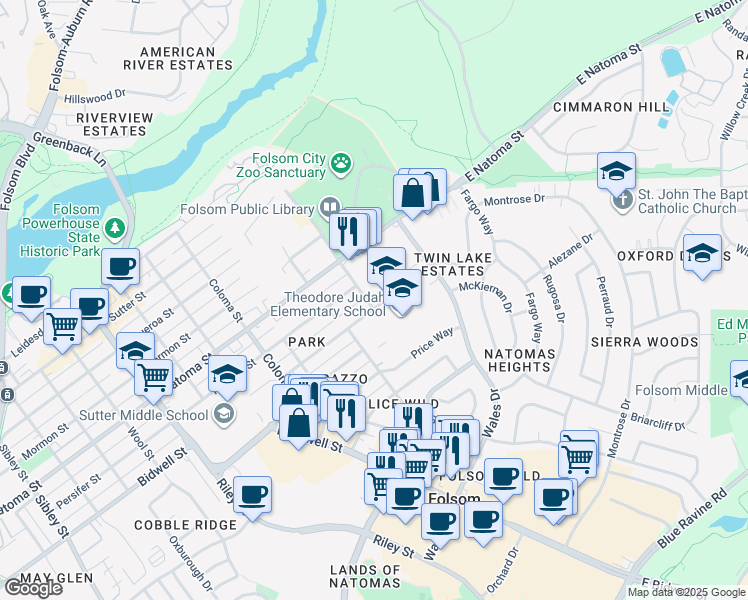 map of restaurants, bars, coffee shops, grocery stores, and more near 98 Dean Way in Folsom