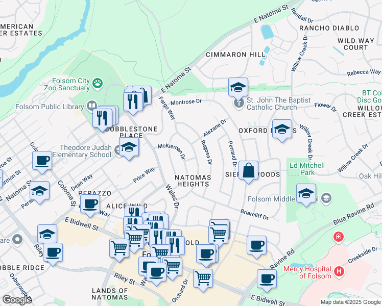 map of restaurants, bars, coffee shops, grocery stores, and more near 100 Alezane Drive in Folsom