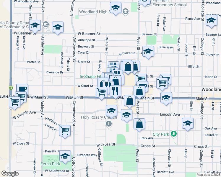 map of restaurants, bars, coffee shops, grocery stores, and more near 91 West Court Street in Woodland