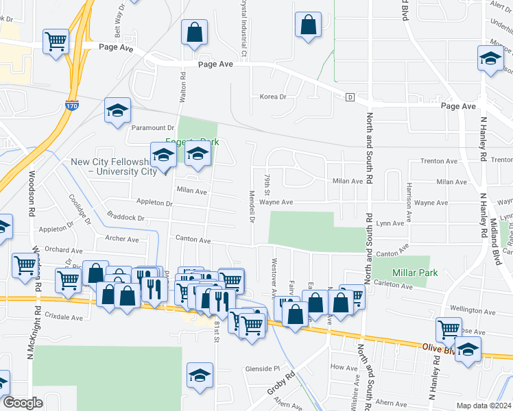 map of restaurants, bars, coffee shops, grocery stores, and more near 1456 Mendell Dr in St Louis