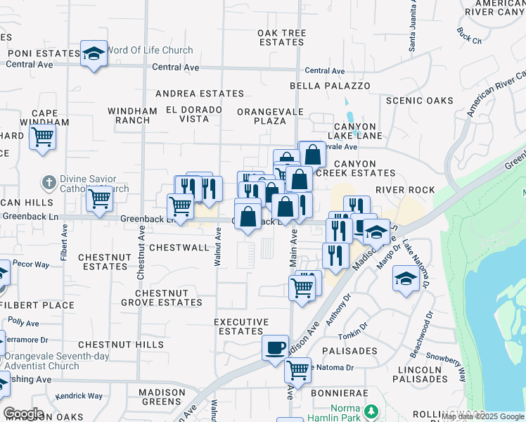 map of restaurants, bars, coffee shops, grocery stores, and more near 9357 Greenback Lane in Orangevale