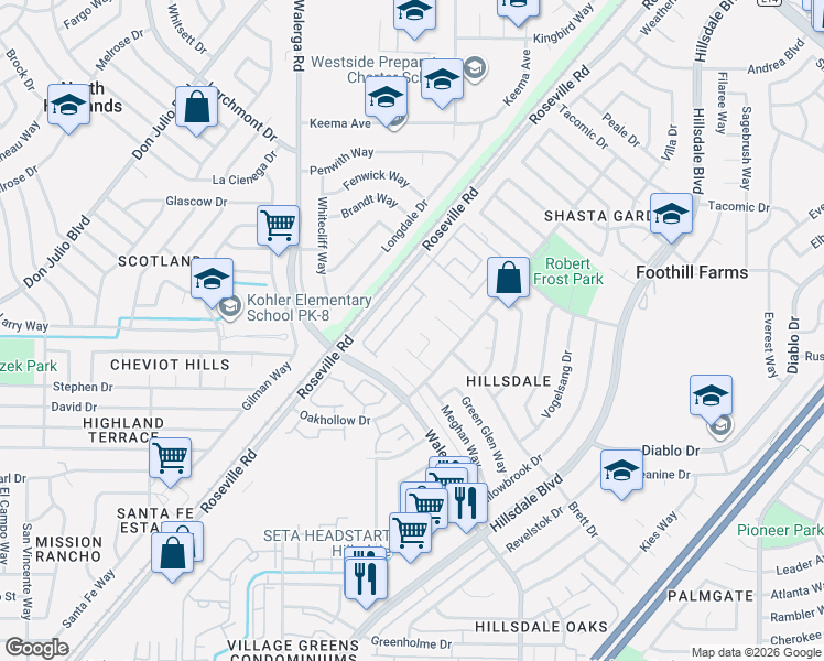 map of restaurants, bars, coffee shops, grocery stores, and more near 4631 Willowward Circle in Sacramento