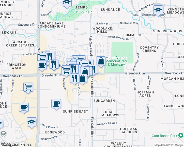 map of restaurants, bars, coffee shops, grocery stores, and more near Greenback Ln & Fair Oaks Blvd in Fair Oaks