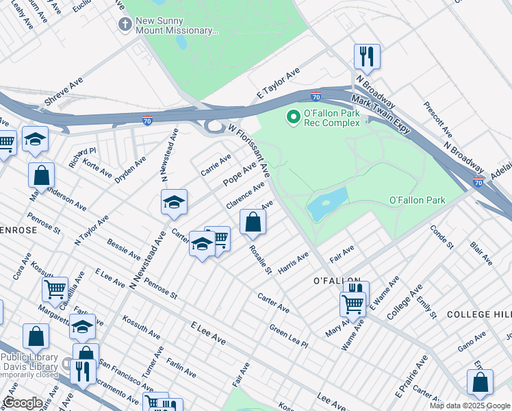 map of restaurants, bars, coffee shops, grocery stores, and more near 4556 Clarence Avenue in St. Louis