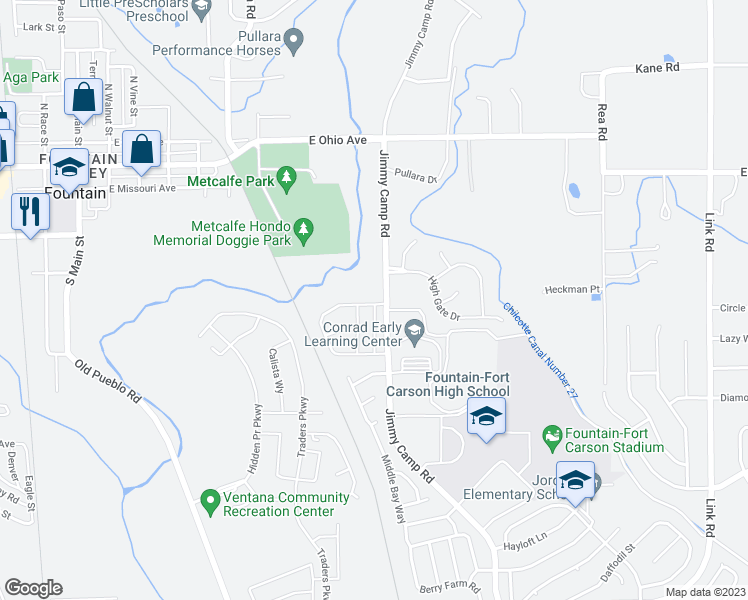 map of restaurants, bars, coffee shops, grocery stores, and more near 7227 Countryside Grove in Fountain