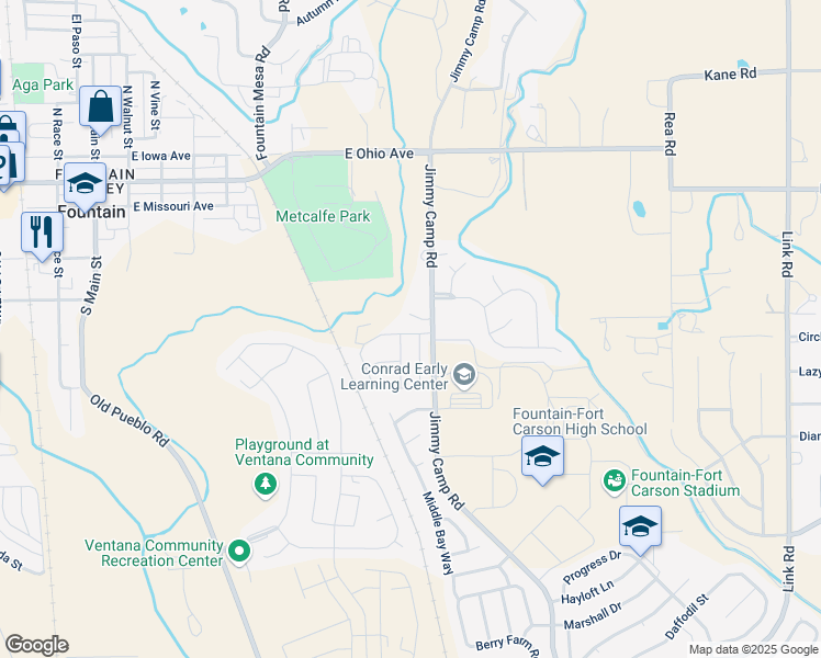 map of restaurants, bars, coffee shops, grocery stores, and more near 7235 Countryside Grove in Fountain