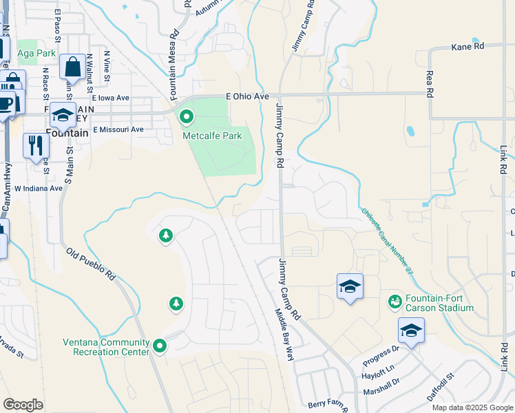 map of restaurants, bars, coffee shops, grocery stores, and more near 7263 Countryside Grove in Fountain