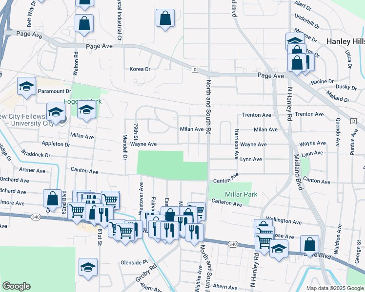map of restaurants, bars, coffee shops, grocery stores, and more near 1500 78th Street in University City
