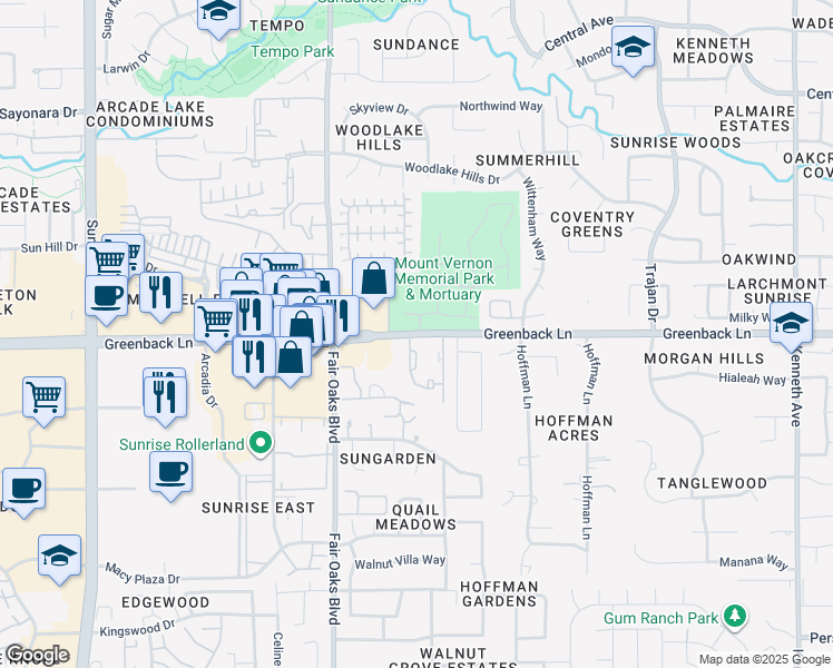 map of restaurants, bars, coffee shops, grocery stores, and more near 8176 Greenback Lane in Fair Oaks