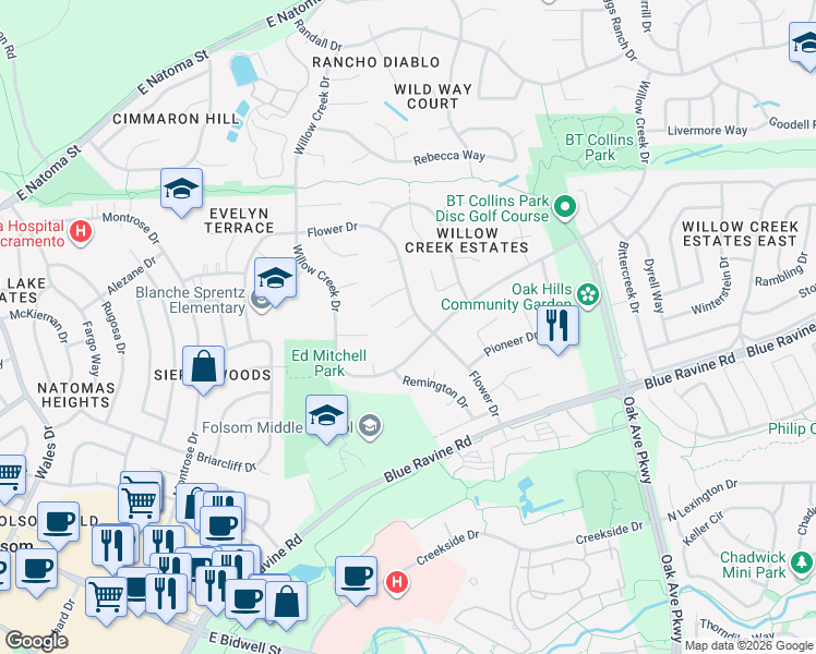 map of restaurants, bars, coffee shops, grocery stores, and more near 108 Wilson Court in Folsom