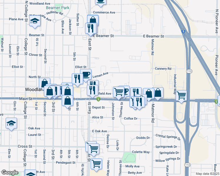 map of restaurants, bars, coffee shops, grocery stores, and more near 306 C Street in Woodland