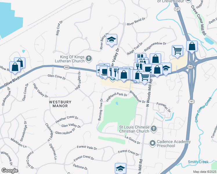 map of restaurants, bars, coffee shops, grocery stores, and more near 648 Broadmoor Drive in Chesterfield