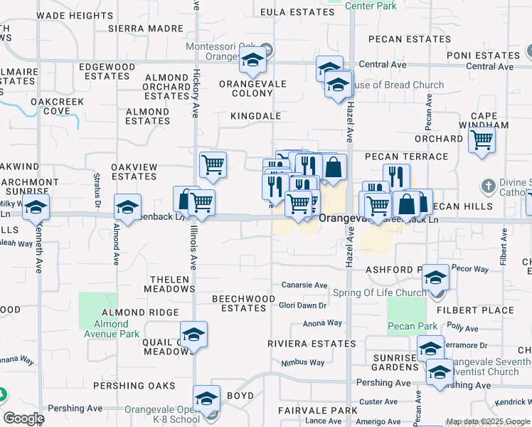 map of restaurants, bars, coffee shops, grocery stores, and more near 8801-A Greenback Lane in Orangevale