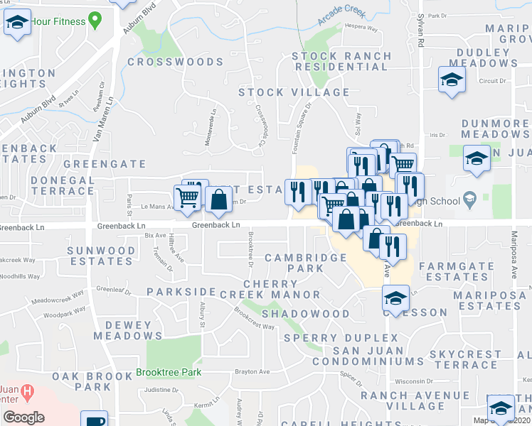 map of restaurants, bars, coffee shops, grocery stores, and more near 7111 Greenback Lane in Citrus Heights