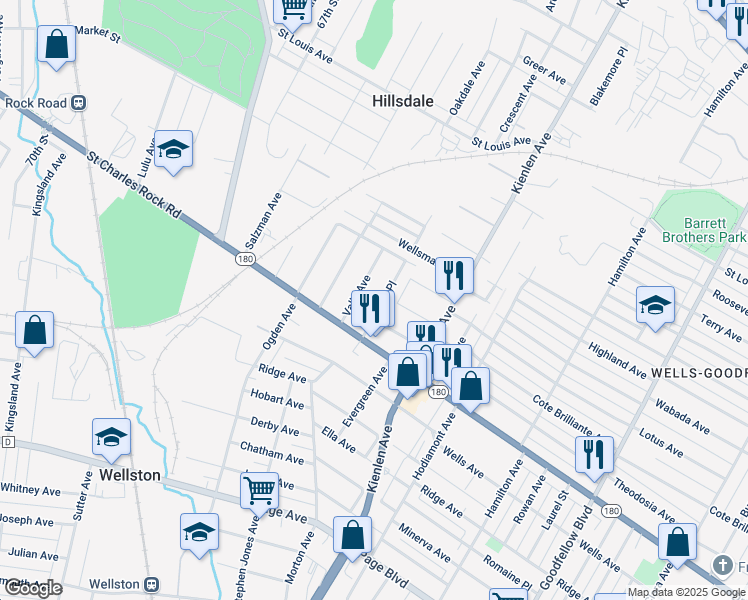 map of restaurants, bars, coffee shops, grocery stores, and more near 1531 Valle Avenue in St. Louis