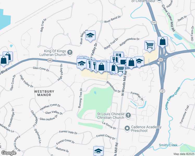 map of restaurants, bars, coffee shops, grocery stores, and more near 132 Four Seasons Shopping Center in Chesterfield