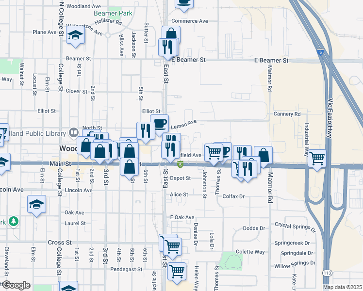 map of restaurants, bars, coffee shops, grocery stores, and more near 307 A St in Woodland