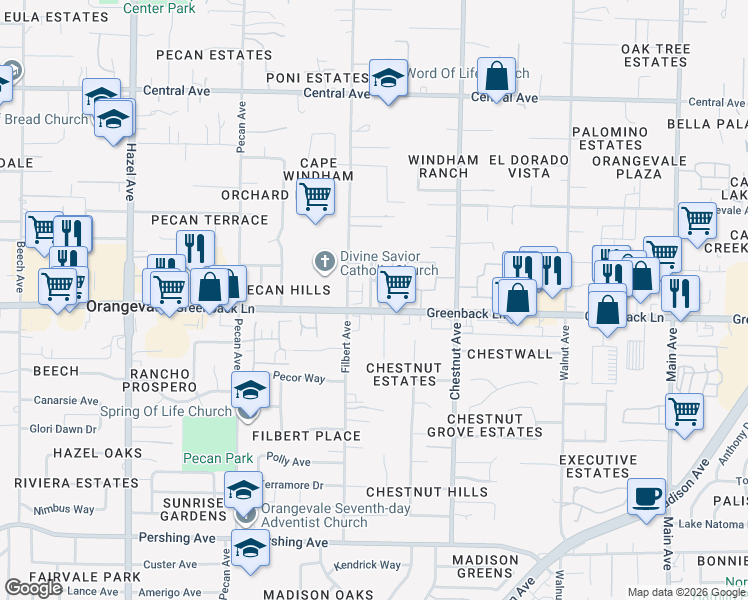 map of restaurants, bars, coffee shops, grocery stores, and more near 9127 Greenback Lane in Orangevale