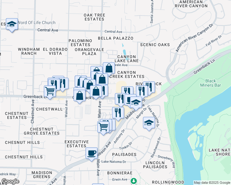 map of restaurants, bars, coffee shops, grocery stores, and more near 9447 Greenback Lane in Orangevale