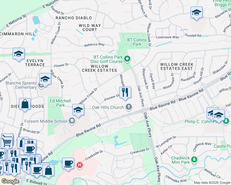 map of restaurants, bars, coffee shops, grocery stores, and more near 124 Winchester Court in Folsom