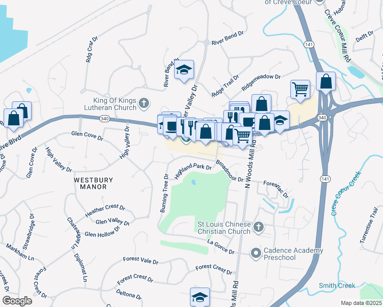 map of restaurants, bars, coffee shops, grocery stores, and more near 630 Broadmoor Drive in Chesterfield