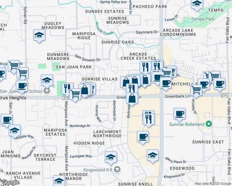 map of restaurants, bars, coffee shops, grocery stores, and more near 7772 Greenback Lane in Citrus Heights