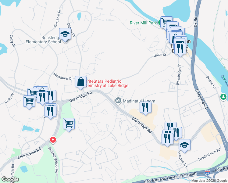 map of restaurants, bars, coffee shops, grocery stores, and more near 1901 Tanyard Hill Road in Woodbridge