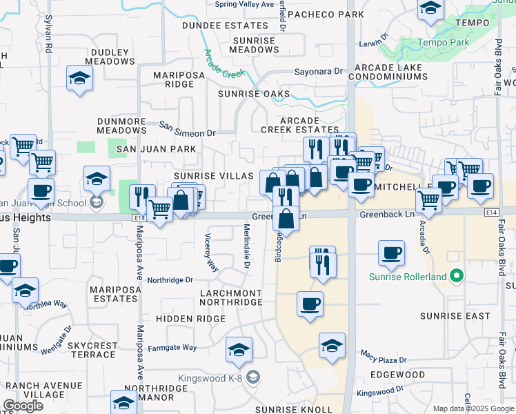 map of restaurants, bars, coffee shops, grocery stores, and more near 7772 Greenback Lane in Citrus Heights