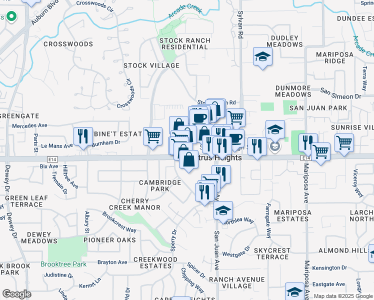 map of restaurants, bars, coffee shops, grocery stores, and more near 7291 Greenback Ln in Citrus Heights