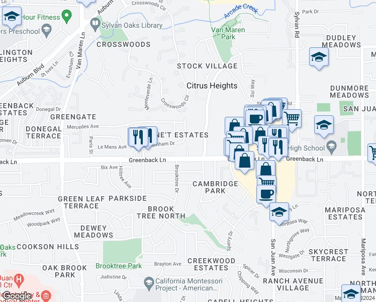 map of restaurants, bars, coffee shops, grocery stores, and more near 7047 Greenback Lane in Citrus Heights