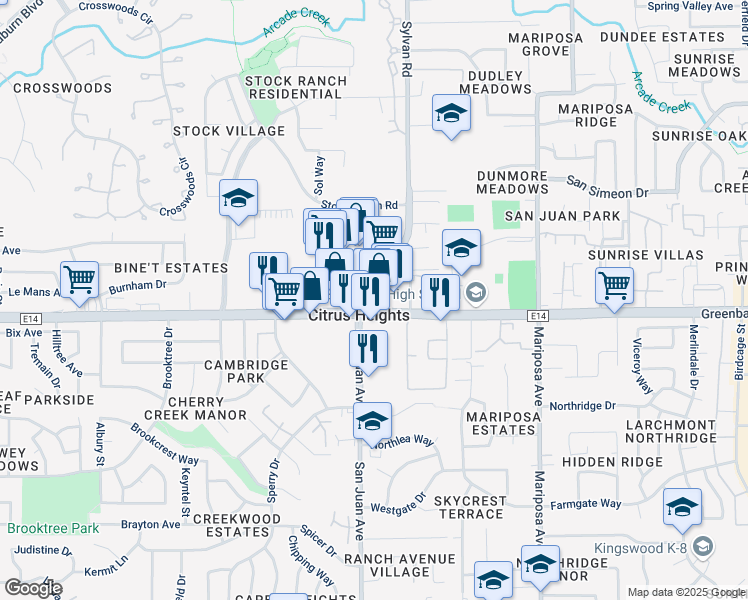 map of restaurants, bars, coffee shops, grocery stores, and more near 7405 Greenback Lane in Citrus Heights