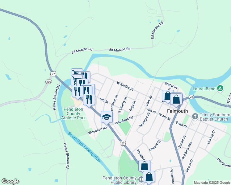 map of restaurants, bars, coffee shops, grocery stores, and more near 308 Barkley Street in Falmouth