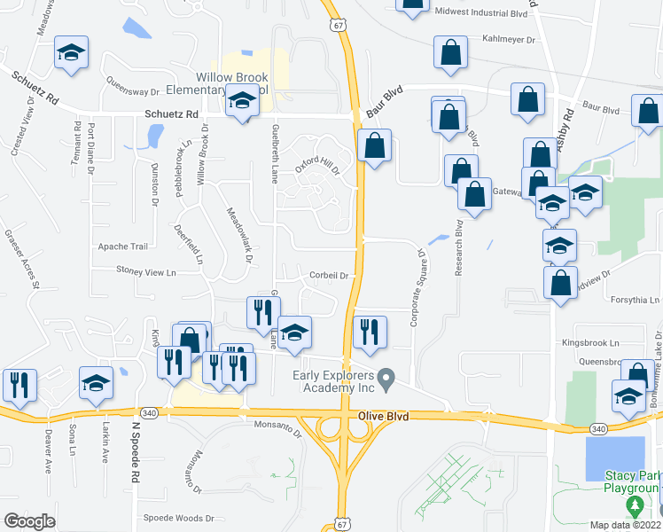 map of restaurants, bars, coffee shops, grocery stores, and more near 10316 Forest Brook Lane in St. Louis