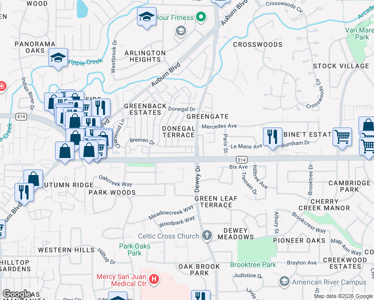 map of restaurants, bars, coffee shops, grocery stores, and more near 6540 Bremen Drive in Citrus Heights