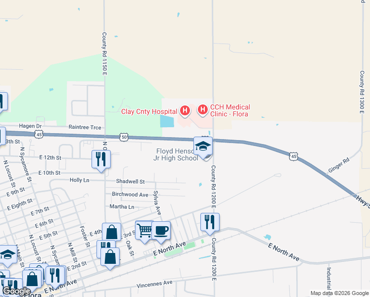 map of restaurants, bars, coffee shops, grocery stores, and more near 609 North Stanford Road in Flora