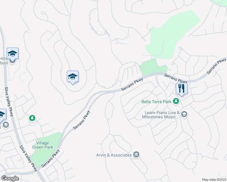 map of restaurants, bars, coffee shops, grocery stores, and more near Serrano Parkway & Terracina Drive in El Dorado Hills