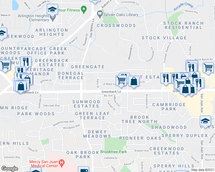 map of restaurants, bars, coffee shops, grocery stores, and more near 6726 Le Mans Avenue in Citrus Heights