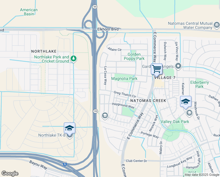 map of restaurants, bars, coffee shops, grocery stores, and more near 5607 Los Pueblos Way in Sacramento
