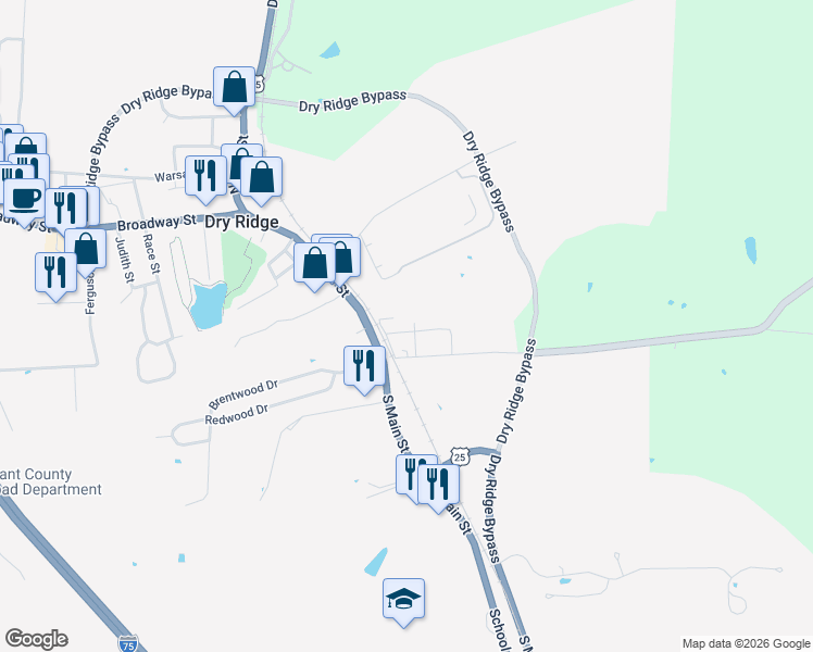 map of restaurants, bars, coffee shops, grocery stores, and more near 12 E-Z Street in Dry Ridge